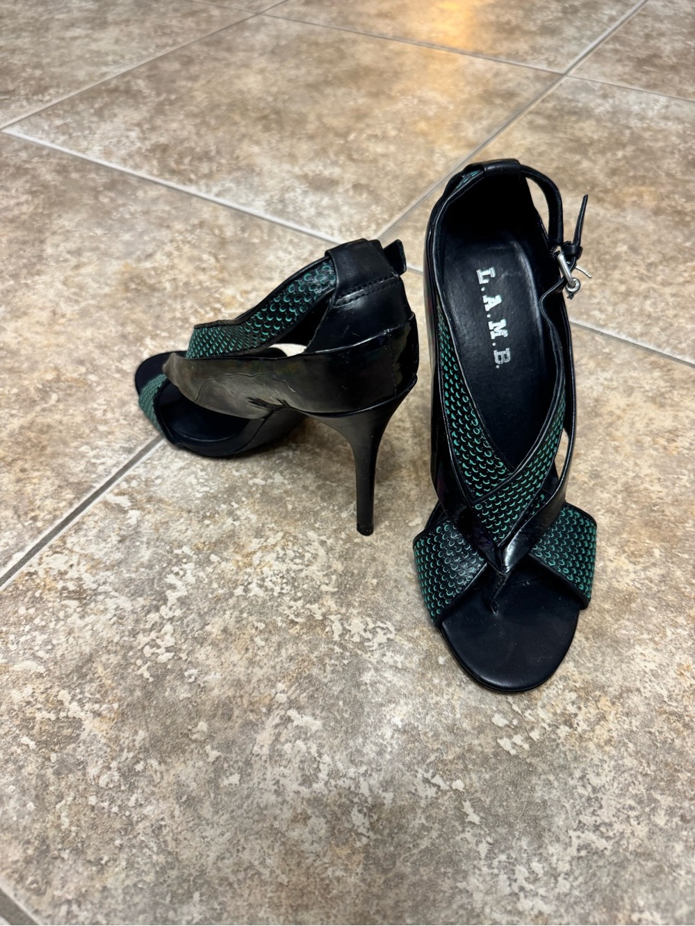 L.A.M.B. Black and Teal Iridescent Cross-Strap High Heel Sandals - Picture 4 of 8